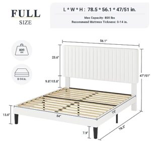 Allewie Full Bed Frame, Velvet Upholstered Platform Bed with Adjustable Vertical Channel Tufted Headboard, Mattress Foundation with Strong Wooden Slats, Box Spring Optional, Easy Assembly, Off-White