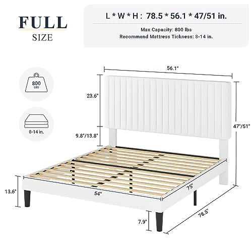 Allewie Full Bed Frame, Velvet Upholstered Platform Bed with Adjustable Vertical Channel Tufted Headboard, Mattress Foundation with Strong Wooden Slats, Box Spring Optional, Easy Assembly, Off-White