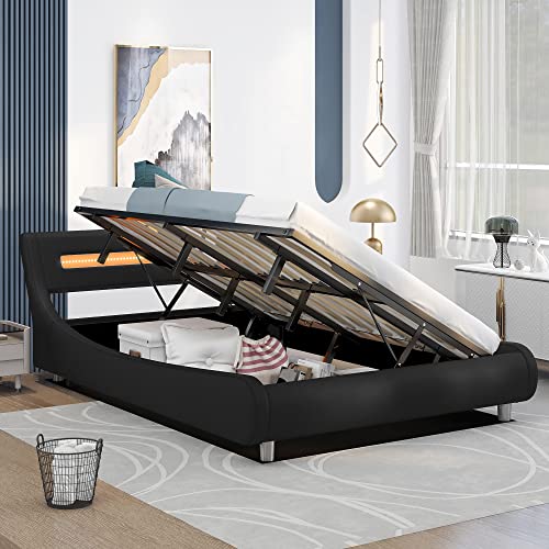 RUNWON Modern LED Upholstered Full Size Platform Bed Frame with Headboard and Underneath Storage Space - Stylish and Functional for Kids and Adults Bedroom