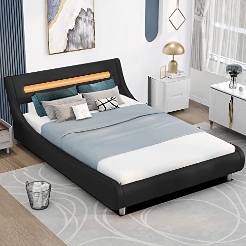 RUNWON Modern LED Upholstered Full Size Platform Bed Frame with Headboard and Underneath Storage Space - Stylish and Functional for Kids and Adults Bedroom