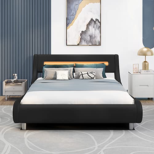 RUNWON Modern LED Upholstered Full Size Platform Bed Frame with Headboard and Underneath Storage Space - Stylish and Functional for Kids and Adults Bedroom