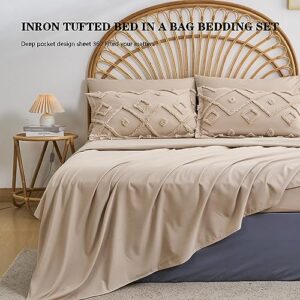 inron Khaki Queen Comforter Set Tufted Bed in a Bag Queen 7 Pieces,Geometry Shabby Chic Boho Comforter and Sheet Set.Jacquard Farmhouse Bedding for All Season(Khaki,90”*90”)