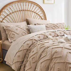 inron Khaki Queen Comforter Set Tufted Bed in a Bag Queen 7 Pieces,Geometry Shabby Chic Boho Comforter and Sheet Set.Jacquard Farmhouse Bedding for All Season(Khaki,90”*90”)