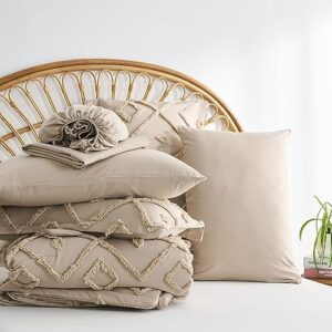 inron Khaki Queen Comforter Set Tufted Bed in a Bag Queen 7 Pieces,Geometry Shabby Chic Boho Comforter and Sheet Set.Jacquard Farmhouse Bedding for All Season(Khaki,90”*90”)