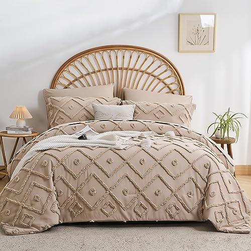 inron Khaki Queen Comforter Set Tufted Bed in a Bag Queen 7 Pieces,Geometry Shabby Chic Boho Comforter and Sheet Set.Jacquard Farmhouse Bedding for All Season(Khaki,90”*90”)