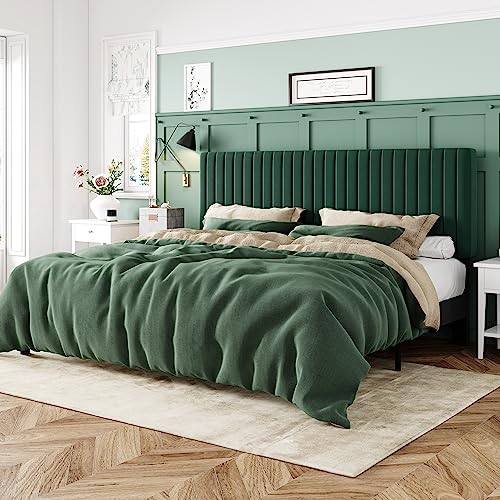 Allewie King Bed Frame, Velvet Upholstered Platform Bed with Adjustable Vertical Channel Tufted Headboard, Mattress Foundation with Strong Wooden Slats, Box Spring Optional, Green