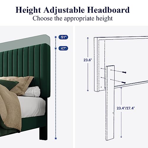 Allewie King Bed Frame, Velvet Upholstered Platform Bed with Adjustable Vertical Channel Tufted Headboard, Mattress Foundation with Strong Wooden Slats, Box Spring Optional, Green