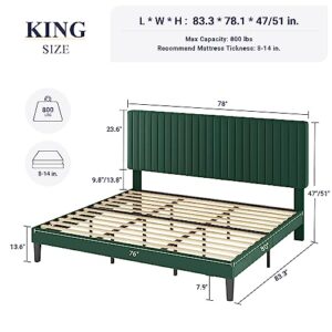 Allewie King Bed Frame, Velvet Upholstered Platform Bed with Adjustable Vertical Channel Tufted Headboard, Mattress Foundation with Strong Wooden Slats, Box Spring Optional, Green