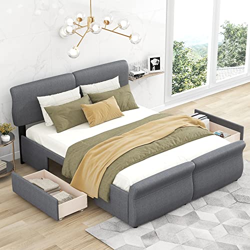 RUNWON Queen Size Upholstered Platform Bed Frame with 2 Underneath Storage Drawers and Comfortable Headboard - Perfect Storage and Comfort for Kids and Adults