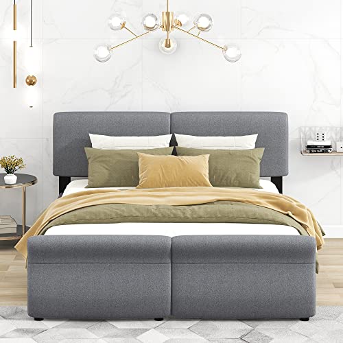 RUNWON Queen Size Upholstered Platform Bed Frame with 2 Underneath Storage Drawers and Comfortable Headboard - Perfect Storage and Comfort for Kids and Adults