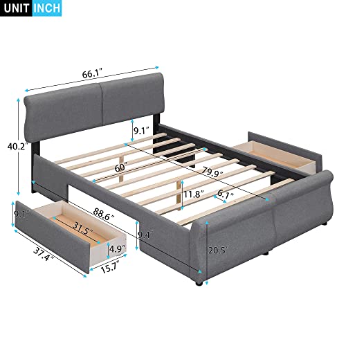 RUNWON Queen Size Upholstered Platform Bed Frame with 2 Underneath Storage Drawers and Comfortable Headboard - Perfect Storage and Comfort for Kids and Adults