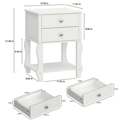 White Nightstand with 2 Drawers,Mid-Century Modern Wooden End Table for Small Bedroom,Dormitory,11.81" D x 15.35" W x 21.85" H XXCTG03W