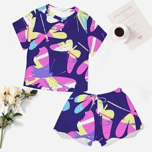 InterestPrint Butterflies and Dragonflies SIL-houettes Women's Shorts Button Up Pajama Shorts Suit Drawstring Shorts Set Lounge Sets