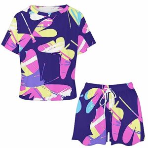 InterestPrint Butterflies and Dragonflies SIL-houettes Women's Shorts Button Up Pajama Shorts Suit Drawstring Shorts Set Lounge Sets