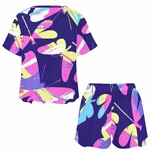 InterestPrint Butterflies and Dragonflies SIL-houettes Women's Shorts Button Up Pajama Shorts Suit Drawstring Shorts Set Lounge Sets