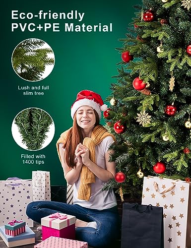 7.5ft Artificial Christmas Tree Holiday Xmas Tree w/ 1,400 Branch Tips, Christmas Tree Decorations, Christmas Tree Stand Metal Hinges & Foldable Base, Easy Assembly for Home, Office, Party Decoration