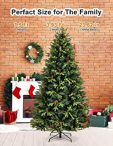 7.5ft Artificial Christmas Tree Holiday Xmas Tree w/ 1,400 Branch Tips, Christmas Tree Decorations, Christmas Tree Stand Metal Hinges & Foldable Base, Easy Assembly for Home, Office, Party Decoration