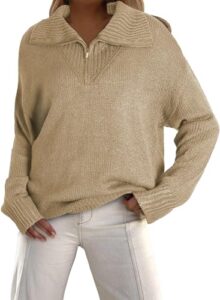 dokotoo oversized quarter zip pullover sweaters for women cute waffle knit oversized fall winter outfits jumpers topfashion v neck long sleeve warm cozy polo ladies khaki sweater x-large