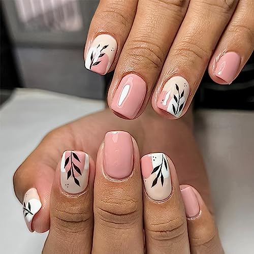 24 Pcs Pink Short Press on Nails Square Fake Nails Summer Leaf Designs Glossy Glue on Nails with Design Full Cover False Nails White Artificial Acrylic Nails Stick on Nails for Women DIY Manicure