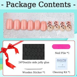 24 Pcs Pink Short Press on Nails Square Fake Nails Summer Leaf Designs Glossy Glue on Nails with Design Full Cover False Nails White Artificial Acrylic Nails Stick on Nails for Women DIY Manicure