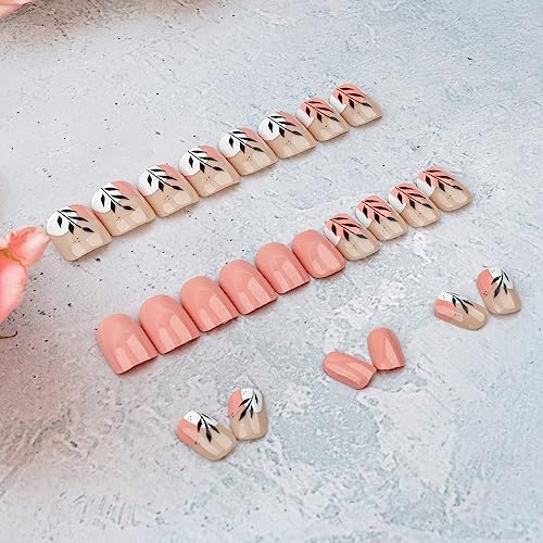 24 Pcs Pink Short Press on Nails Square Fake Nails Summer Leaf Designs Glossy Glue on Nails with Design Full Cover False Nails White Artificial Acrylic Nails Stick on Nails for Women DIY Manicure