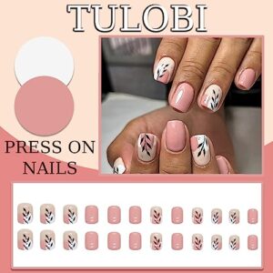 24 Pcs Pink Short Press on Nails Square Fake Nails Summer Leaf Designs Glossy Glue on Nails with Design Full Cover False Nails White Artificial Acrylic Nails Stick on Nails for Women DIY Manicure