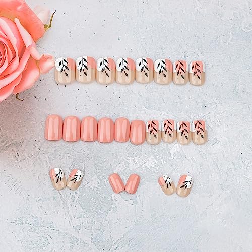 24 Pcs Pink Short Press on Nails Square Fake Nails Summer Leaf Designs Glossy Glue on Nails with Design Full Cover False Nails White Artificial Acrylic Nails Stick on Nails for Women DIY Manicure