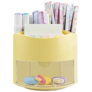 zyners rotating pen pencil holder 360-degree with drawer, 5 compartments desk stationary cosmetic makeup brushes holder for dressing table, home, office, desktop(yellow)
