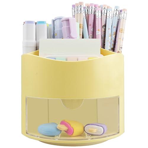 Zyners Rotating Pen Pencil Holder 360-Degree with Drawer, 5 Compartments Desk Stationary Cosmetic Makeup Brushes Holder for Dressing Table, Home, Office, Desktop(Yellow)