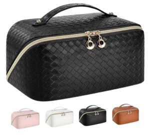 travel makeup bag,large capacity travel cosmetic bag for women ,pu leather waterproof travel toiletry bag with 2 pvc brush organizer,portable pouch lay flat make up organizer bag with handle divider