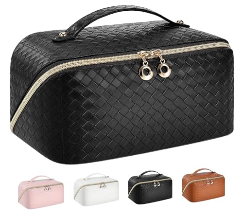 Travel Makeup Bag,Large Capacity Travel Cosmetic Bag for Women ,PU Leather Waterproof Travel Toiletry Bag with 2 PVC Brush Organizer,Portable Pouch Lay Flat Make Up Organizer Bag with Handle Divider