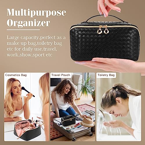 Travel Makeup Bag,Large Capacity Travel Cosmetic Bag for Women ,PU Leather Waterproof Travel Toiletry Bag with 2 PVC Brush Organizer,Portable Pouch Lay Flat Make Up Organizer Bag with Handle Divider