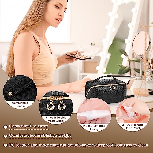 Travel Makeup Bag,Large Capacity Travel Cosmetic Bag for Women ,PU Leather Waterproof Travel Toiletry Bag with 2 PVC Brush Organizer,Portable Pouch Lay Flat Make Up Organizer Bag with Handle Divider