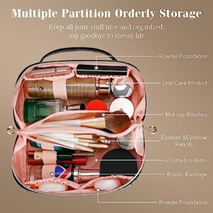 Travel Makeup Bag,Large Capacity Travel Cosmetic Bag for Women ,PU Leather Waterproof Travel Toiletry Bag with 2 PVC Brush Organizer,Portable Pouch Lay Flat Make Up Organizer Bag with Handle Divider