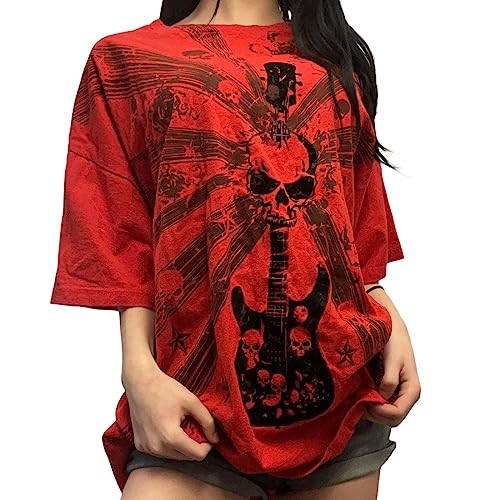 Y2k Womens Teen Girls Graphic Print Oversized Tees Short Sleeve Grunge Top Spicy Aesthetic T-Shirt 90s Summer Clothing (A Red, L)