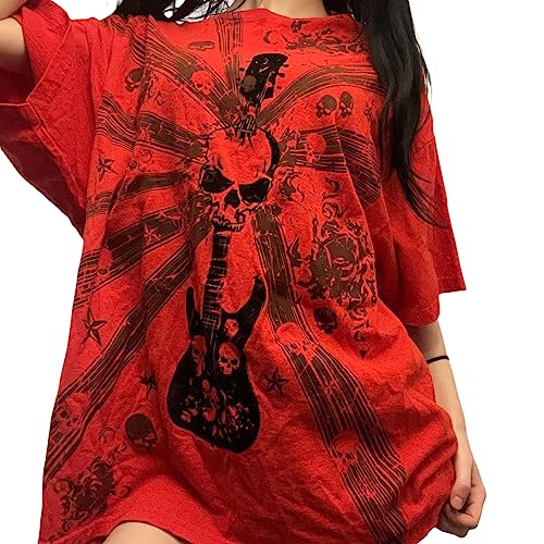 Y2k Womens Teen Girls Graphic Print Oversized Tees Short Sleeve Grunge Top Spicy Aesthetic T-Shirt 90s Summer Clothing (A Red, L)