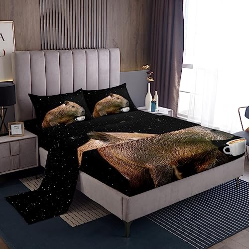 Capybara Twin Size Bed Sheets Boys Girls Capybara Animals Lovers Bed Sheet Set For Kids Women Men Galaxy Starry Sky Ultra Soft Fitted Sheet Coffee Brown Black White Bedding Sheets Bedroom Decor 3Pcs