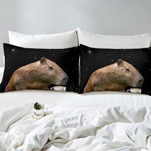 Capybara Twin Size Bed Sheets Boys Girls Capybara Animals Lovers Bed Sheet Set For Kids Women Men Galaxy Starry Sky Ultra Soft Fitted Sheet Coffee Brown Black White Bedding Sheets Bedroom Decor 3Pcs