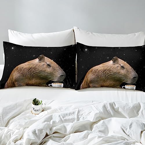 Capybara Twin Size Bed Sheets Boys Girls Capybara Animals Lovers Bed Sheet Set For Kids Women Men Galaxy Starry Sky Ultra Soft Fitted Sheet Coffee Brown Black White Bedding Sheets Bedroom Decor 3Pcs