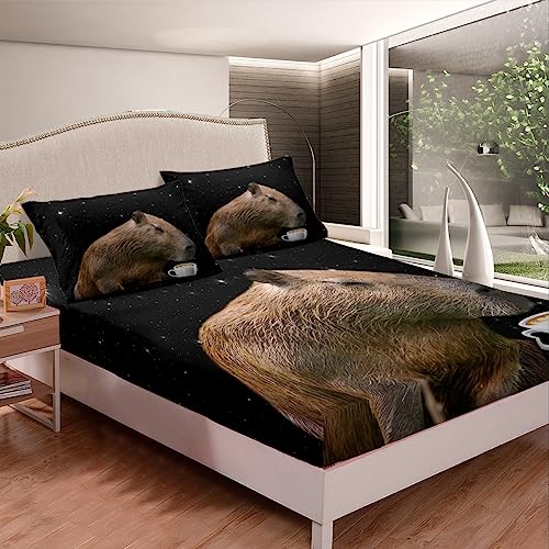 Capybara Twin Size Bed Sheets Boys Girls Capybara Animals Lovers Bed Sheet Set For Kids Women Men Galaxy Starry Sky Ultra Soft Fitted Sheet Coffee Brown Black White Bedding Sheets Bedroom Decor 3Pcs