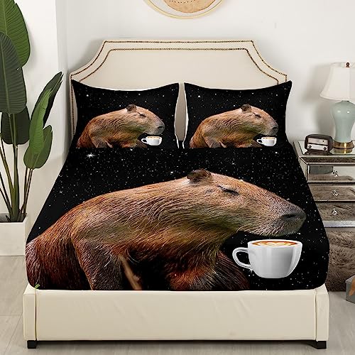 Capybara Twin Size Bed Sheets Boys Girls Capybara Animals Lovers Bed Sheet Set For Kids Women Men Galaxy Starry Sky Ultra Soft Fitted Sheet Coffee Brown Black White Bedding Sheets Bedroom Decor 3Pcs