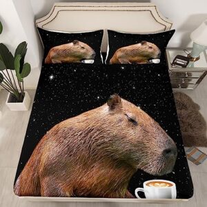 Capybara Twin Size Bed Sheets Boys Girls Capybara Animals Lovers Bed Sheet Set For Kids Women Men Galaxy Starry Sky Ultra Soft Fitted Sheet Coffee Brown Black White Bedding Sheets Bedroom Decor 3Pcs