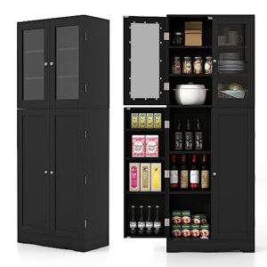 giantex 63.5" pantry organizers and storage, freestanding tall storage cabinet for kitchen bathroom living room office, wooden utility cupboard with glass doors & shelves, 12.5"x24"x63.5" (black)