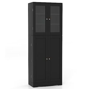 Giantex 63.5" Pantry Organizers and Storage, Freestanding Tall Storage Cabinet for Kitchen Bathroom Living Room Office, Wooden Utility Cupboard with Glass Doors & Shelves, 12.5"x24"x63.5" (Black)