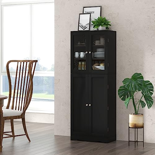 Giantex 63.5" Pantry Organizers and Storage, Freestanding Tall Storage Cabinet for Kitchen Bathroom Living Room Office, Wooden Utility Cupboard with Glass Doors & Shelves, 12.5"x24"x63.5" (Black)