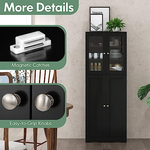 Giantex 63.5" Pantry Organizers and Storage, Freestanding Tall Storage Cabinet for Kitchen Bathroom Living Room Office, Wooden Utility Cupboard with Glass Doors & Shelves, 12.5"x24"x63.5" (Black)