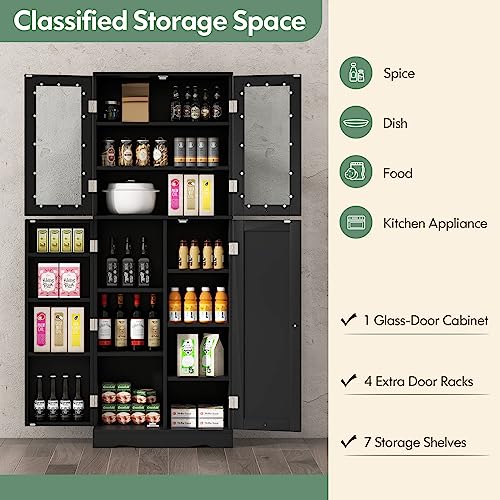 Giantex 63.5" Pantry Organizers and Storage, Freestanding Tall Storage Cabinet for Kitchen Bathroom Living Room Office, Wooden Utility Cupboard with Glass Doors & Shelves, 12.5"x24"x63.5" (Black)