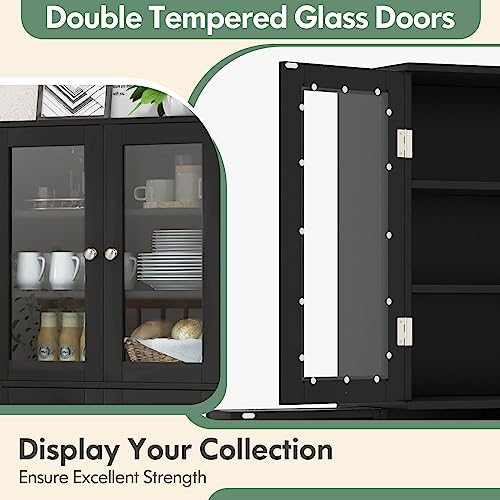 Giantex 63.5" Pantry Organizers and Storage, Freestanding Tall Storage Cabinet for Kitchen Bathroom Living Room Office, Wooden Utility Cupboard with Glass Doors & Shelves, 12.5"x24"x63.5" (Black)