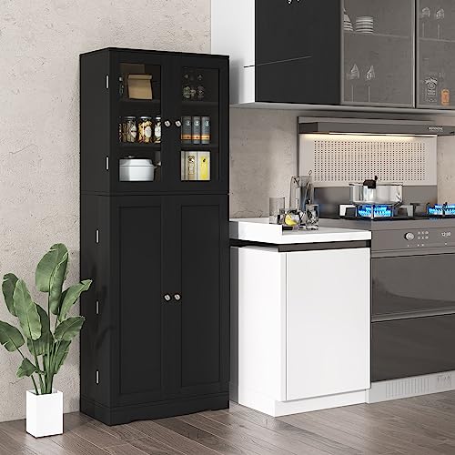 Giantex 63.5" Pantry Organizers and Storage, Freestanding Tall Storage Cabinet for Kitchen Bathroom Living Room Office, Wooden Utility Cupboard with Glass Doors & Shelves, 12.5"x24"x63.5" (Black)