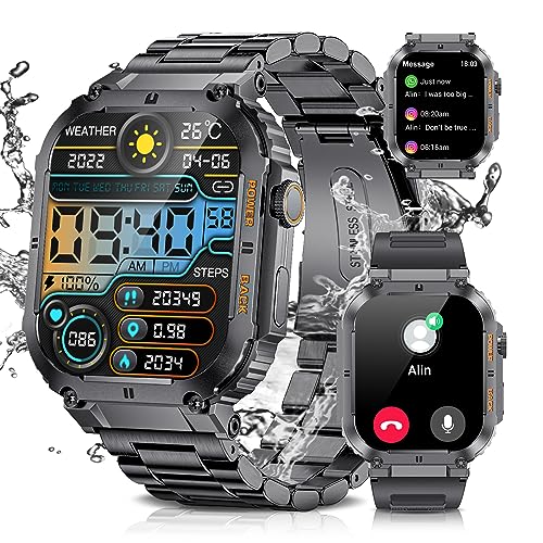 Military Smart Watches for Men(Answer/Dial Calls), 1.96'' HD Fitness Watch with Heart Rate/Blood Oxygen Monitor, AI Voice/400mAh Battery, IP67 Waterproof Rugged Outdoor Smartwatch for Android iOS